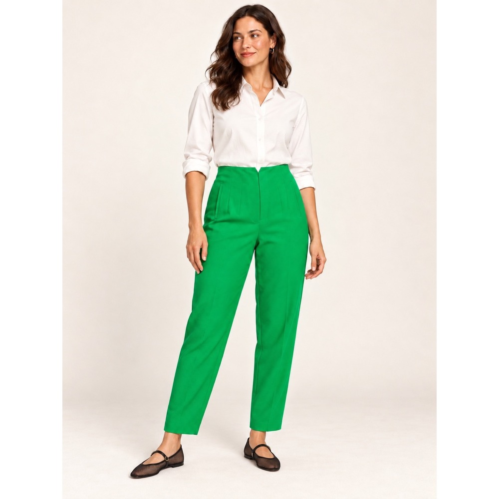 Zara Womens High Waisted Tapered Trousers M Green Career Workwear Chic Pants